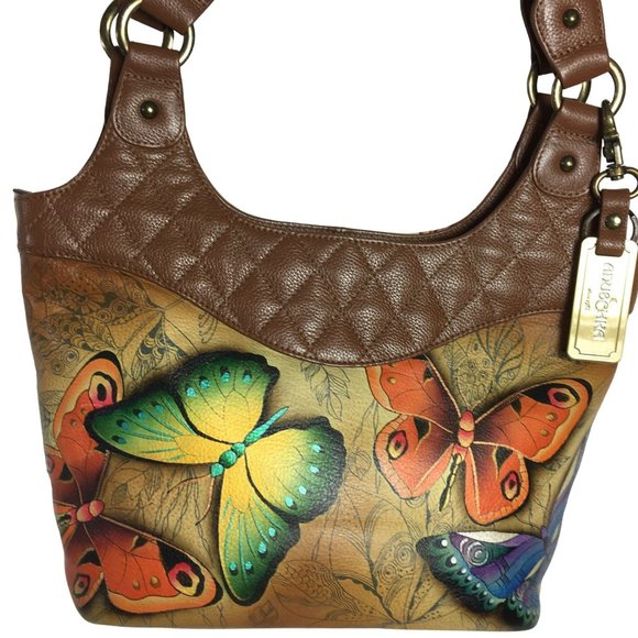 Anuschka NEVER USED Handpainted Leather Shoulder Bag Quilted Butterfly - Picture 2 of 13